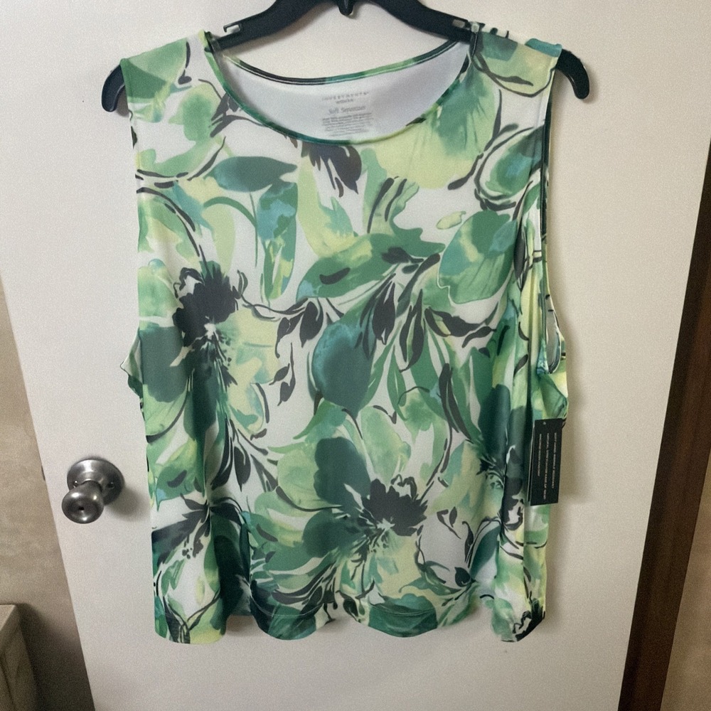 Investments Womens 3X Green Floral Stretch Sleeveless Blouse Layered Lined NWT